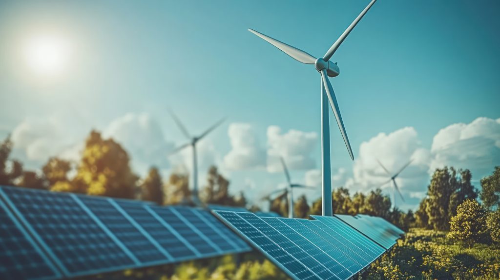 Wind turbines and solar panels generate clean energy in a field